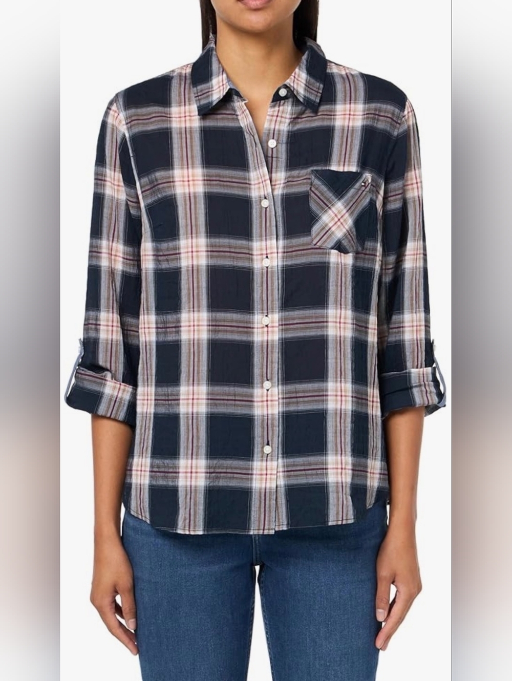 NWT $70 Tommy Hilfiger Black/Gray Button Down Long Sleeve Plaid Camp Shirt, M! 🍁